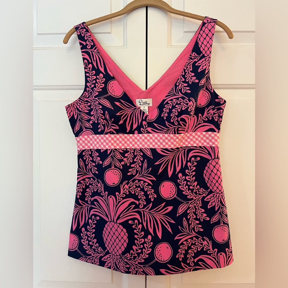 Lilly Pulitzer Vintage White Label Cotton Pink and Navy Pineapple Top EUC Size 6